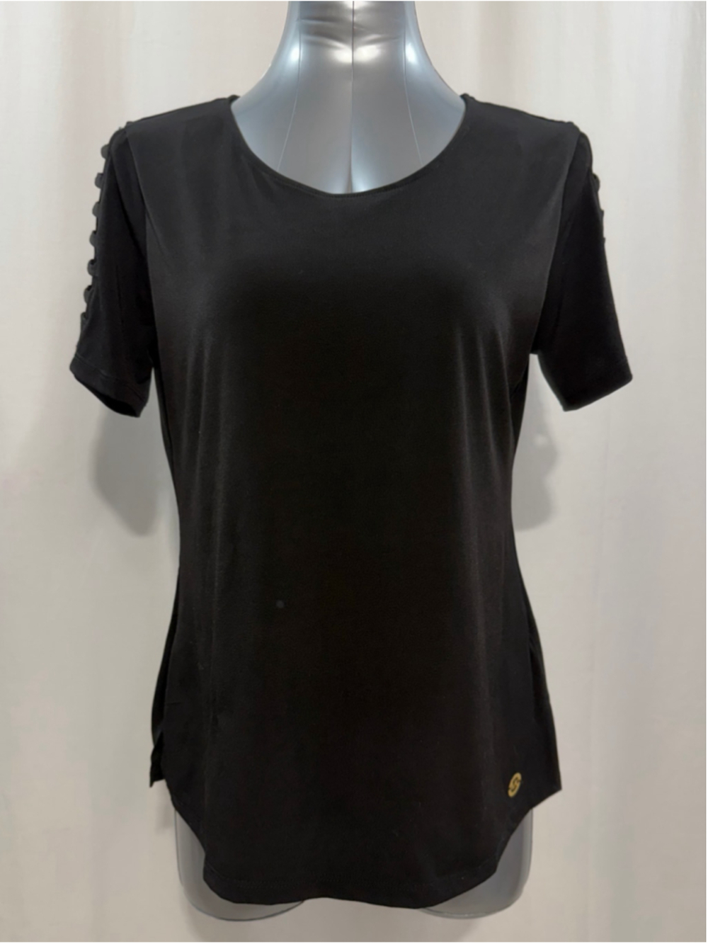 Women's Michael Kors Black Short Sleeve Tee with Gold Detail, Size L. 1785